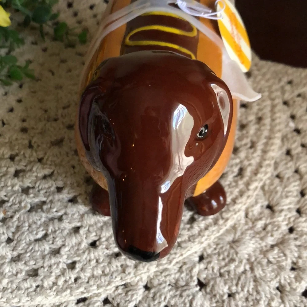 Dachshund Hot Dog Treat Cookie Jar - Brown and Yellow Ceramic
